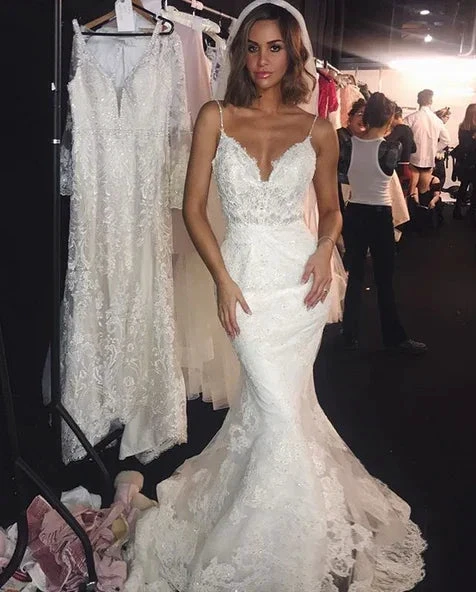 Backless Wedding Dress Lace Mermaid Beautiful Spaghetti-Straps Bride Dress (ZD13855)
