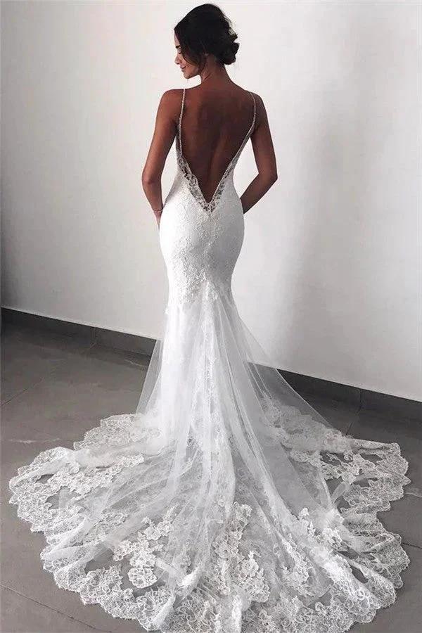Backless Wedding Dress Lace Mermaid Beautiful Spaghetti-Straps Bride Dress (ZD13855)