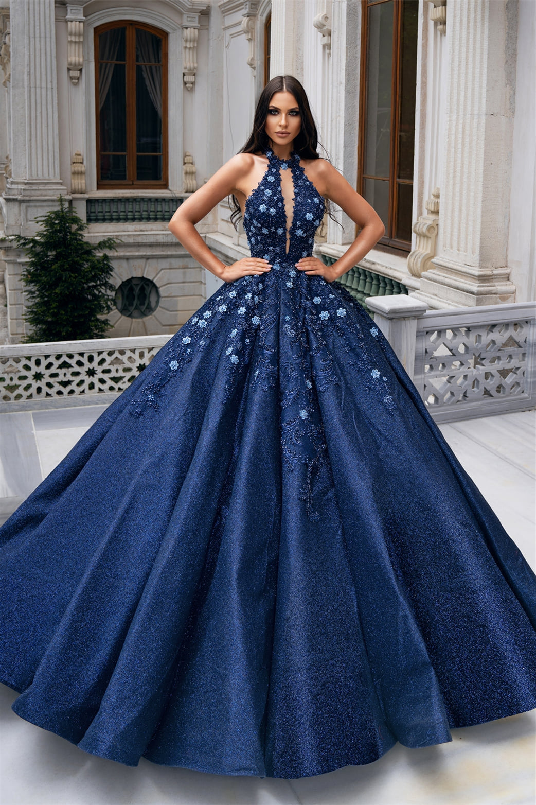 Ball Gown Halter Floor-Length Sleeveless Applique Prom Dress