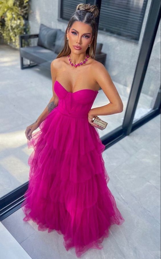 Ball Gown Hot Pink Sweetheart Tulle Party Dresses Prom Dresses