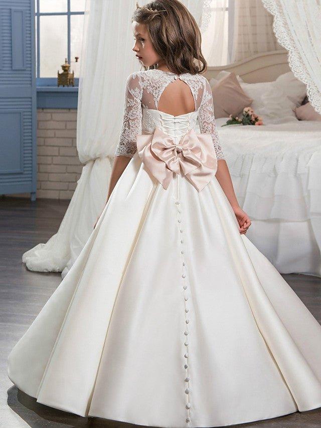 Ball Gown Lace Satin Sweep Brush Train Wedding Birthday Pageant Flower Girl Dresses with Sleeves - View 2 | VelvetHem