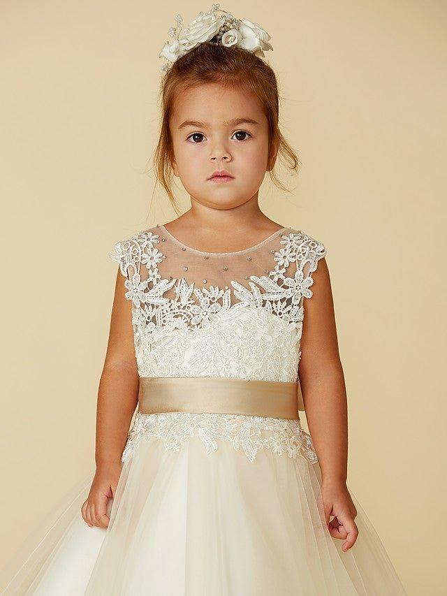 Ball Gown Lace Tulle Sleeveless Jewel Neck Wedding Party Pageant Flower Girl Dresses - View 6 | VelvetHem