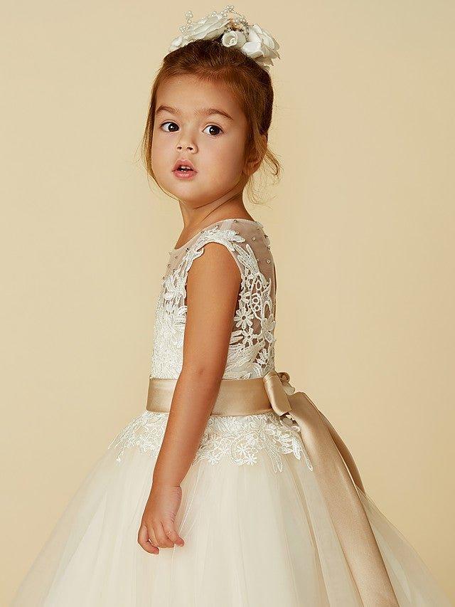 Ball Gown Lace Tulle Sleeveless Jewel Neck Wedding Party Pageant Flower Girl Dresses - View 7 | VelvetHem