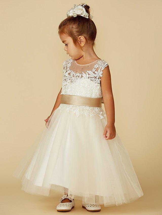 Ball Gown Lace Tulle Sleeveless Jewel Neck Wedding Party Pageant Flower Girl Dresses - View 5 | VelvetHem