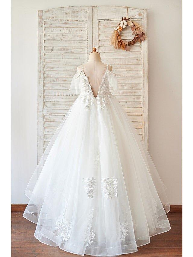 Ball Gown Lace Tulle Sleeveless V Neck Wedding Birthday Flower Girl Dresses - View 2 | VelvetHem