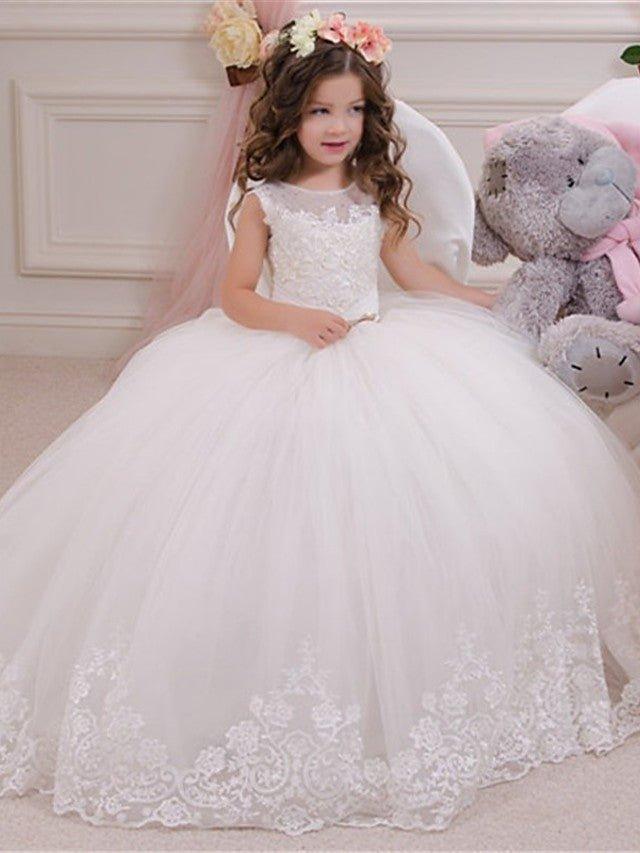 Ball Gown Lace Tulle Sweep Brush Train Wedding Party Flower Girl Dresses - VelvetHem