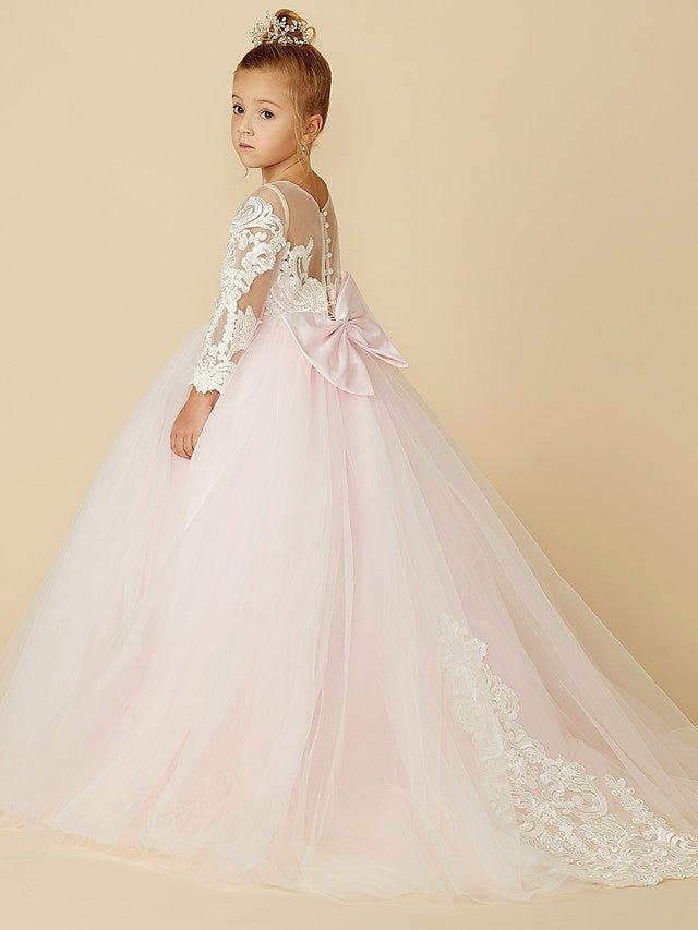 Ball Gown Lace Tulle Wedding Party Pageant Flower Girl Dresses with Sleeves - View 4 | VelvetHem