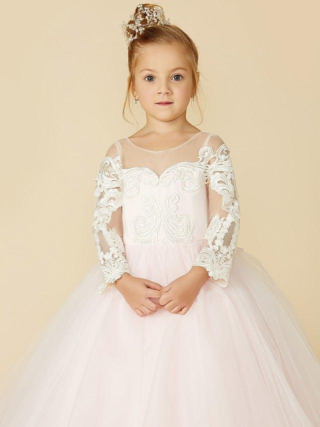Ball Gown Lace Tulle Wedding Party Pageant Flower Girl Dresses with Sleeves - View 7 | VelvetHem