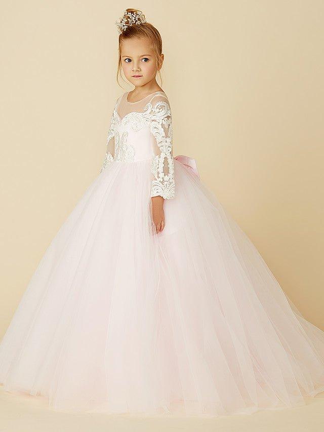 Ball Gown Lace Tulle Wedding Party Pageant Flower Girl Dresses with Sleeves - View 6 | VelvetHem