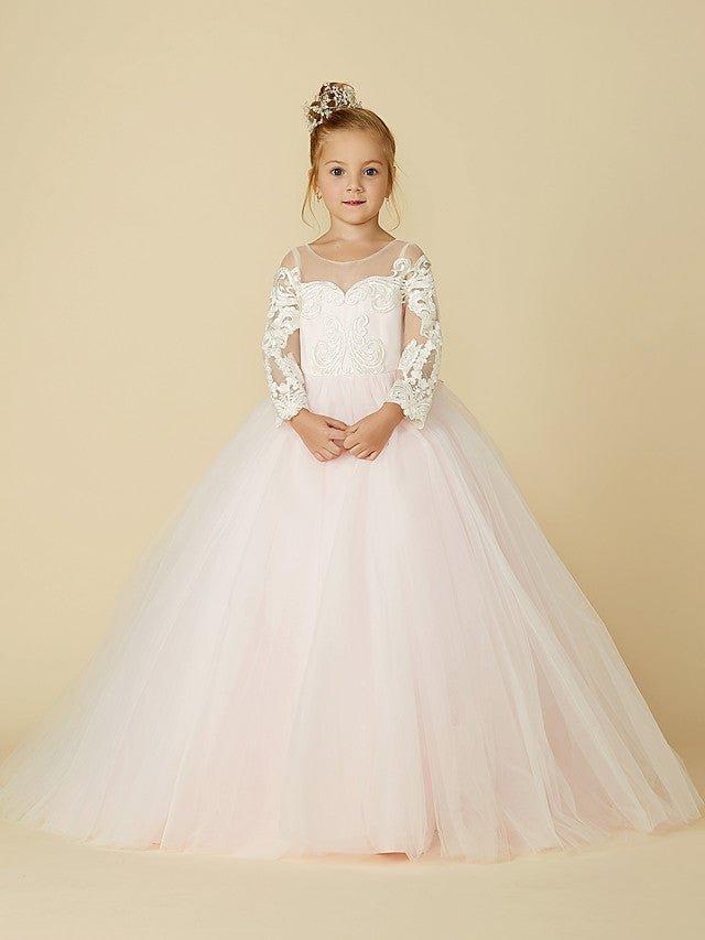 Ball Gown Lace Tulle Wedding Party Pageant Flower Girl Dresses with Sleeves - VelvetHem