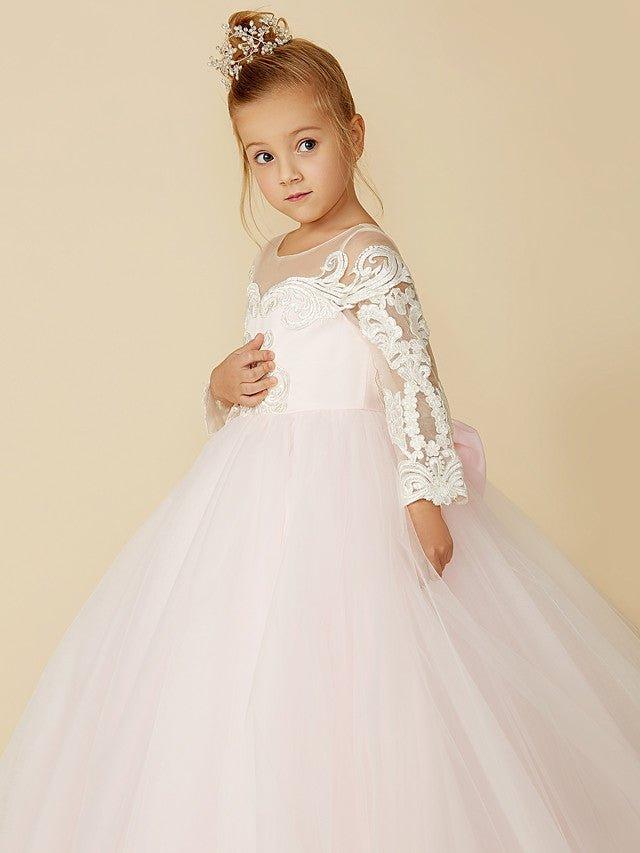 Ball Gown Lace Tulle Wedding Party Pageant Flower Girl Dresses with Sleeves - View 9 | VelvetHem