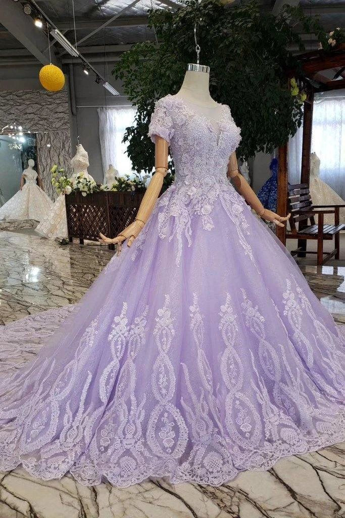 Ball Gown Lilac Short Sleeves Prom Dresses Wedding Dresses with Lace (ZD15362)