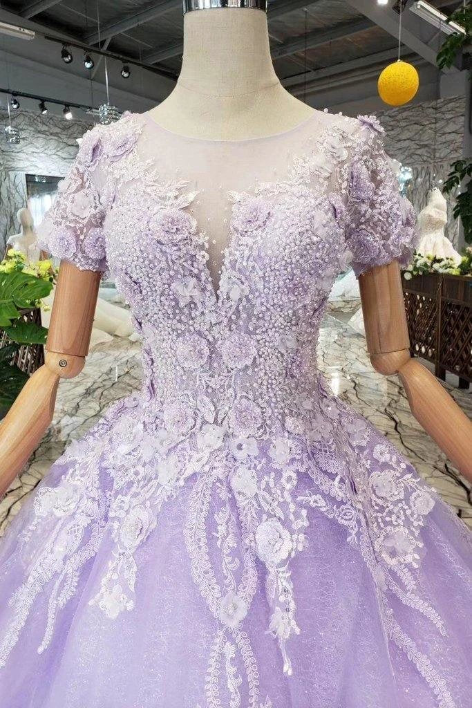 Ball Gown Lilac Short Sleeves Prom Dresses Wedding Dresses with Lace (ZD15362)