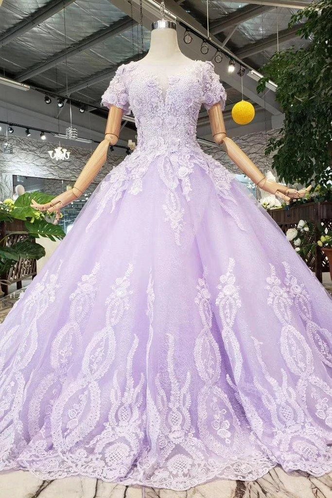 Ball Gown Lilac Short Sleeves Prom Dresses Wedding Dresses with Lace (ZD15362)