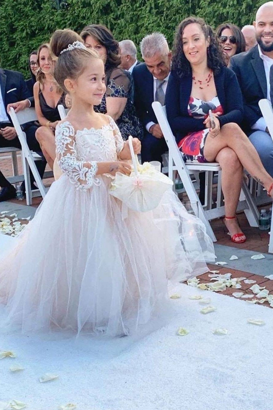 Ball Gown Long Sleeve Strapless Floor-Length Tulle Applique With Back Bow Flower Girl Dress
