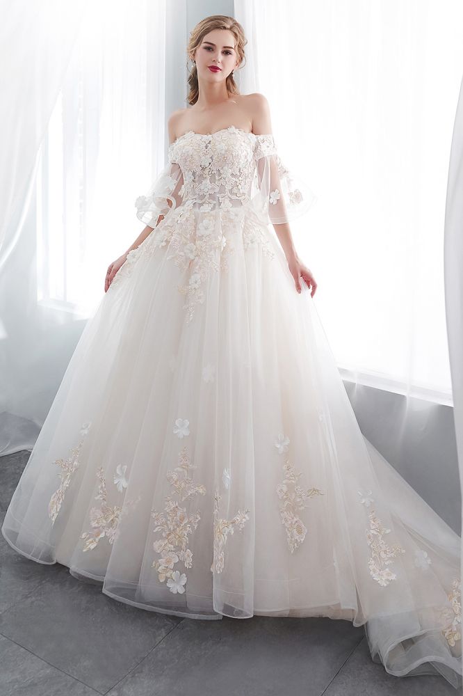 Ball Gown Off-the-Shoulder Floor-Length Appliques Tulle Wedding Dresses
