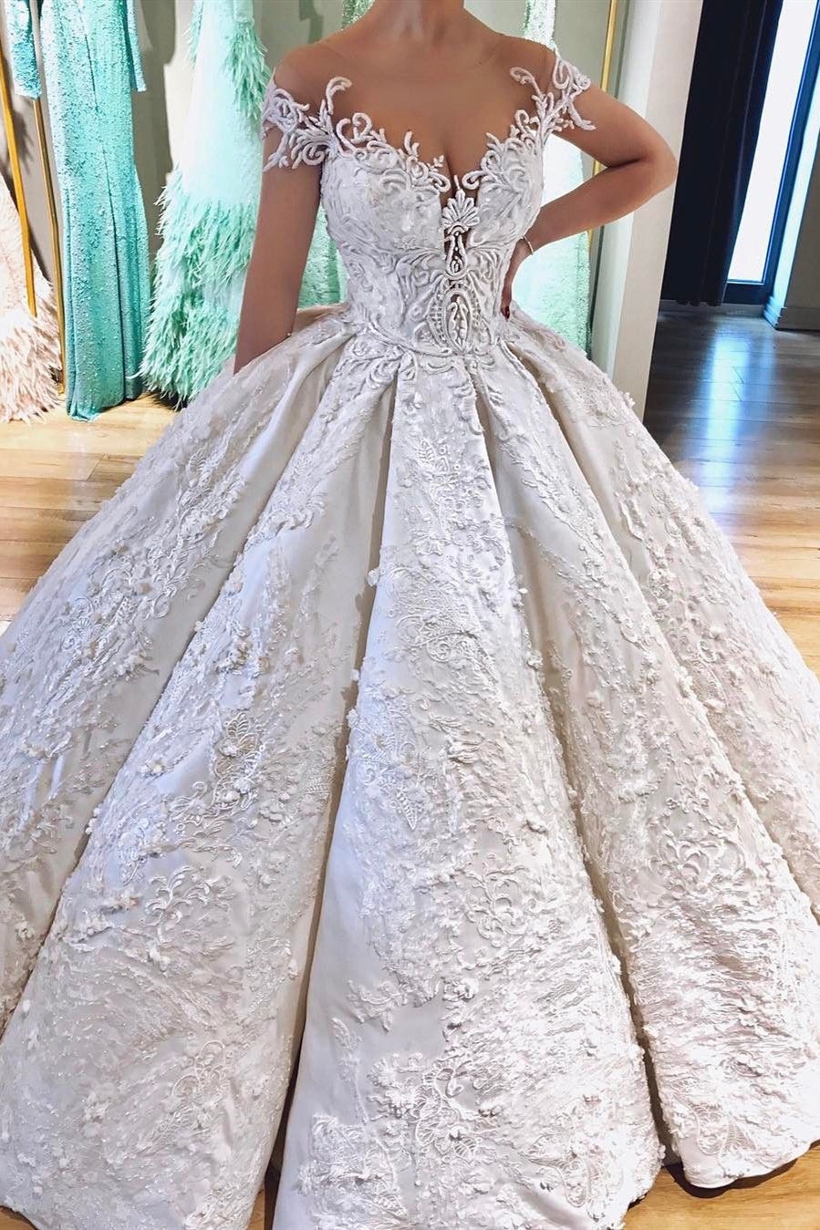 Ball Gown Off-the-shoulder Floor-Length Charmeuse Applique Wedding Dress