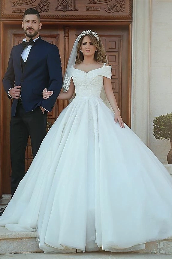 Ball Gown Off-the-shoulder Floor-Length Tulle Lace Applique Wedding Dress