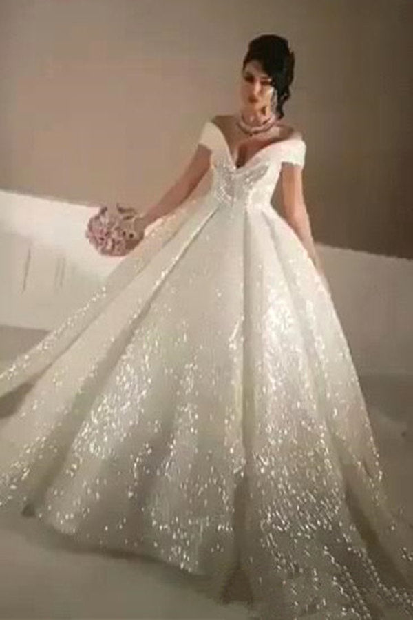 Ball Gown Off-the-Shoulder Sequined Floor-Length Sleeveless Wedding Dress
