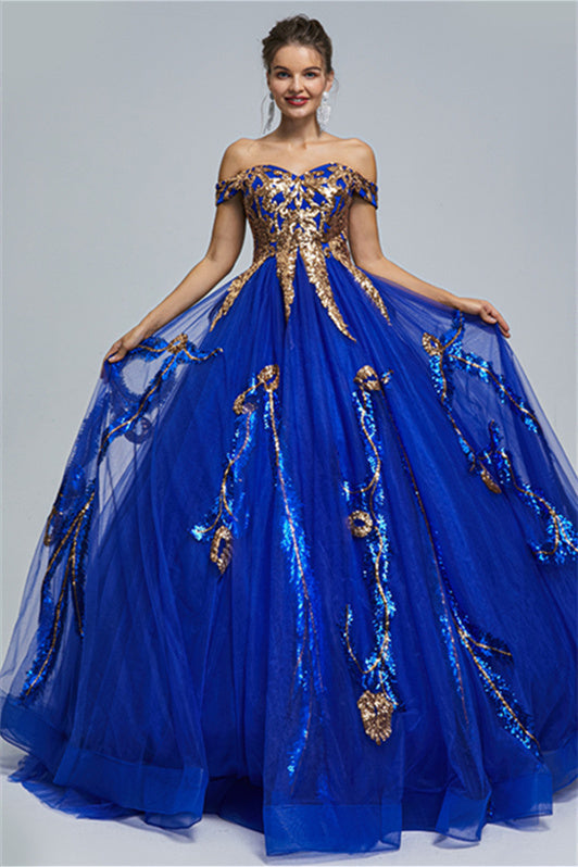 Ball Gown Off-the-shoulder Sweetheart Tulle Applique Floor-Length Backless Prom Dress