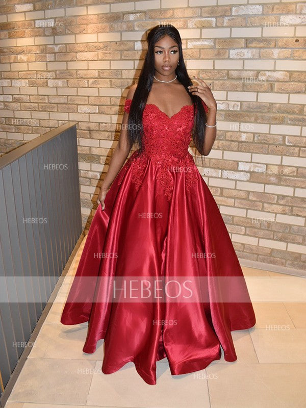 Ball Gown Satin Applique Off-the-Shoulder Sleeveless Floor-Length Prom Dresses - View 2 | VelvetHem