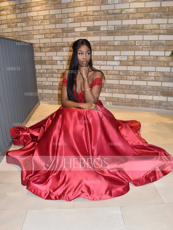Ball Gown Satin Applique Off-the-Shoulder Sleeveless Floor-Length Prom Dresses - View 3 | VelvetHem