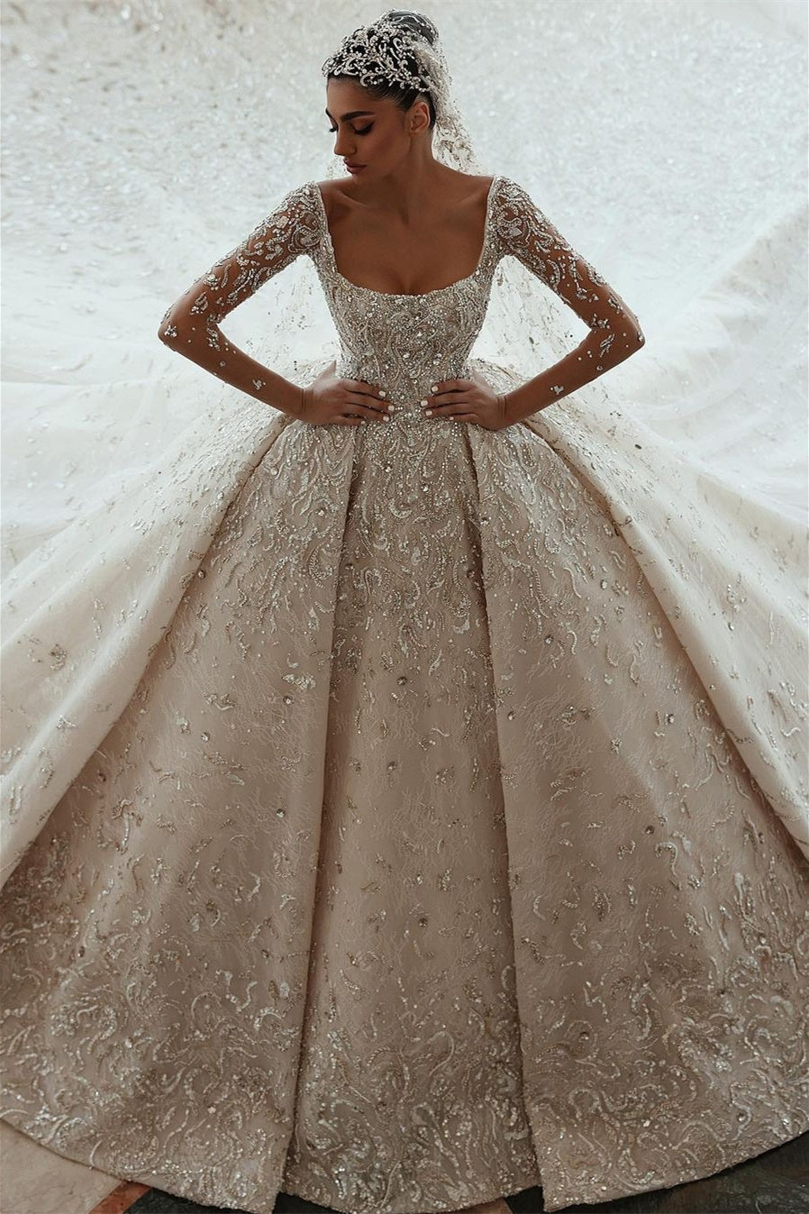 Ball gown Square neck Long Sleeves with waist skrit Floor-Length Sparkle Beaded Wedding Dress