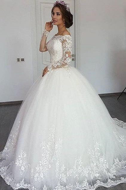 Ball Gown Strapless Portrait Floor-Length Tulle Crochet Flower Wedding Dress