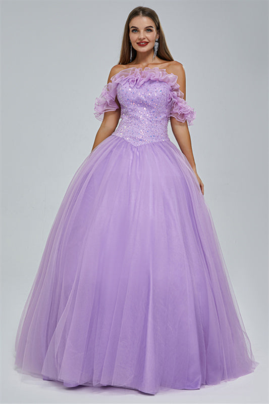 Ball Gown Strapless Tulle Sequined Beaded Floor-Length Sleeveless Open Back Prom Dress
