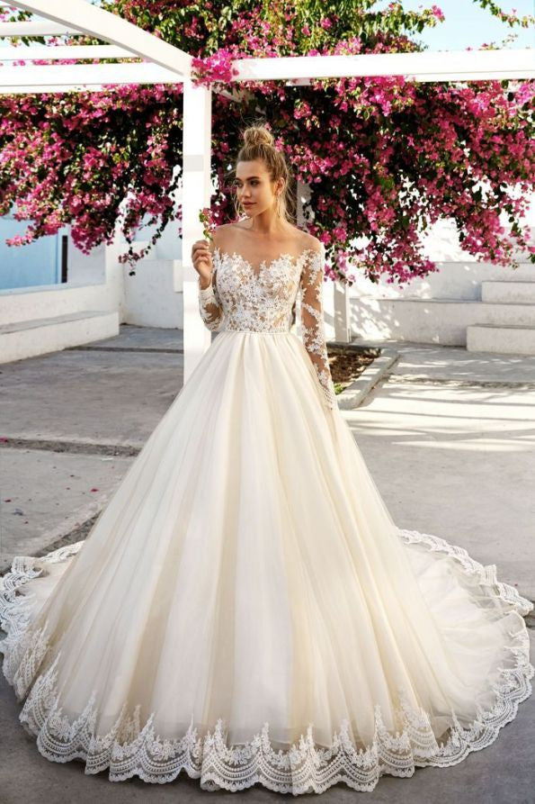 Ball Gown Sweetheart Long Sleeve Floor-Length Tulle Applique Wedding Dress