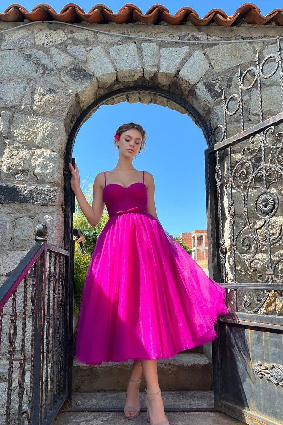 Ball Gown Sweetheart Spaghetti strap Tea-Length Open Back Vintage Prom Dress