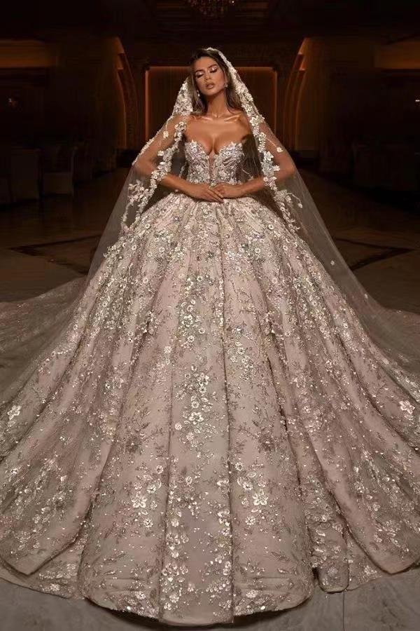 Ball Gown Sweetheart Strapless Sequined Floor-Length Sleeveless Appliques Lace Wedding Dress