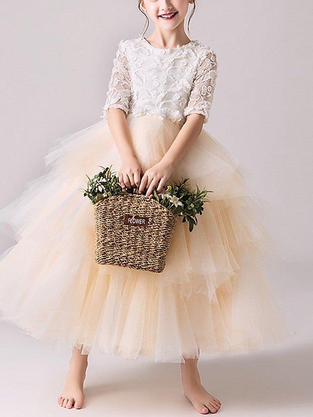 Ball Gown Tulle Jewel Neck Pageant Flower Girl Dresses With Sleeves - View 3 | VelvetHem