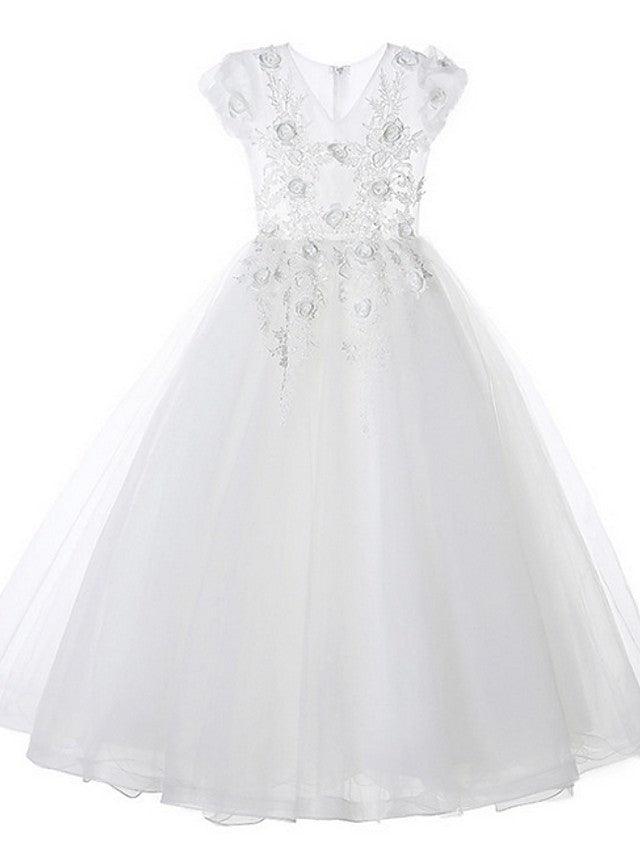 Ball Gown Tulle Short Sleeve V Neck Wedding Party Flower Girl Dresses - View 3 | VelvetHem