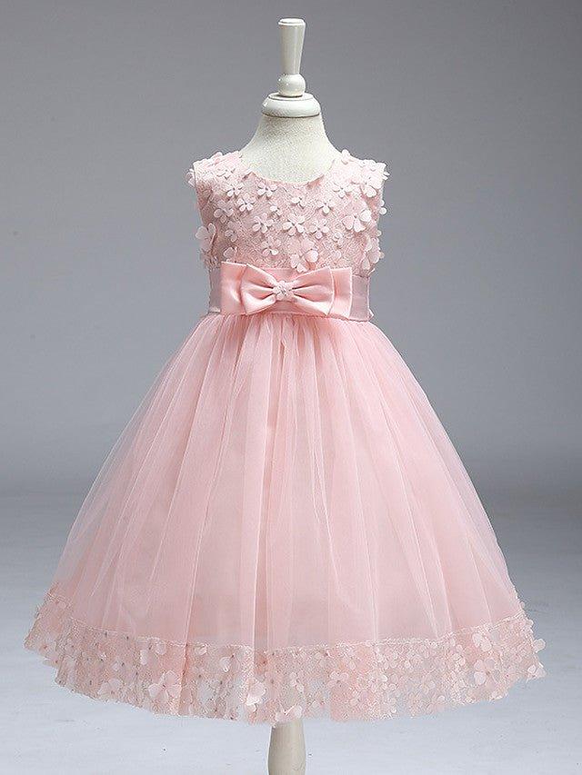 Ball Gown Tulle Sleeveless Jewel Neck Wedding Party Flower Girl Dresses With Bow - VelvetHem