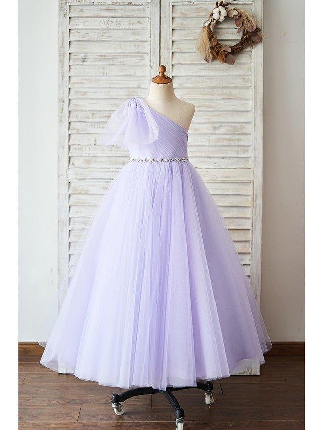Ball Gown Tulle Sleeveless One Shoulder Wedding Birthday Flower Girl Dresses - VelvetHem