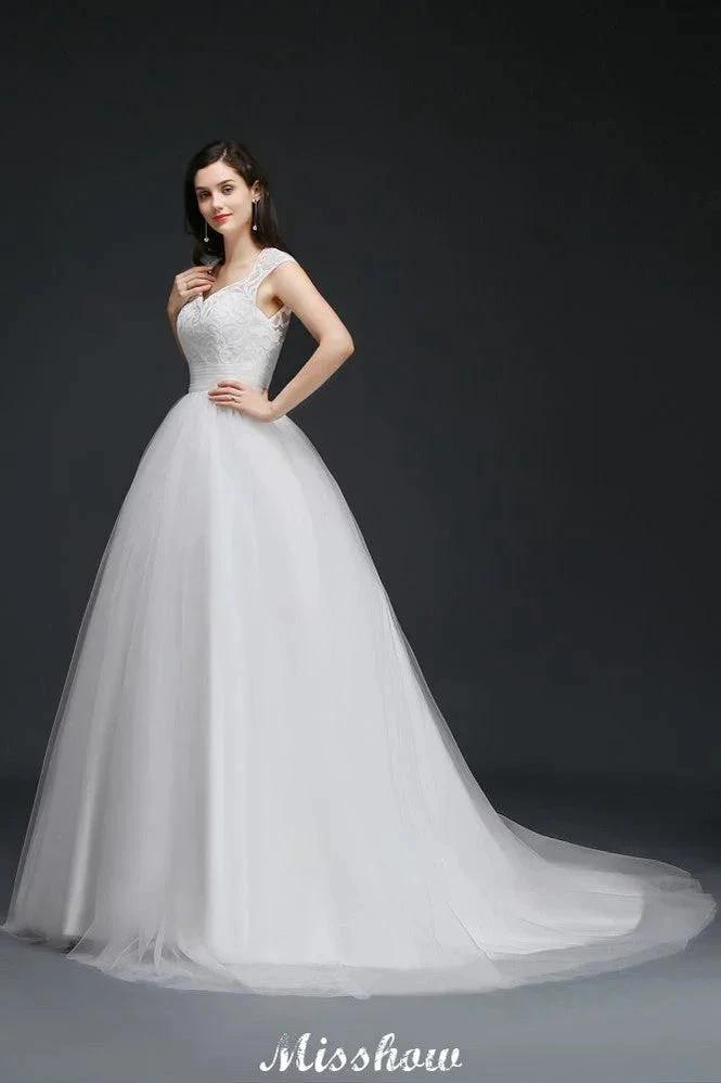 Ball Gown V-Neck Tulle Elegant Wedding Dresses with Buttons by misshow.com