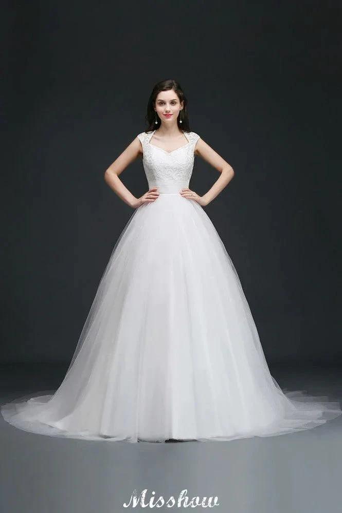 Ball Gown V-Neck Tulle Elegant Wedding Dresses with Buttons (ZD13931) - VelvetHem