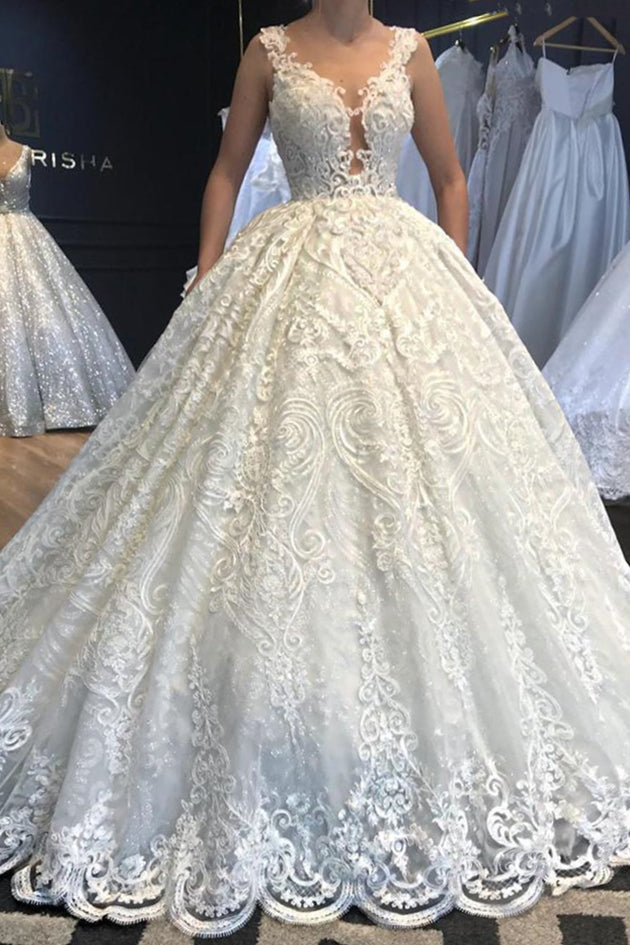 Ball Gown V-Neck Wide Strap Floor-Length Tulle Applique Lace Wedding Dress