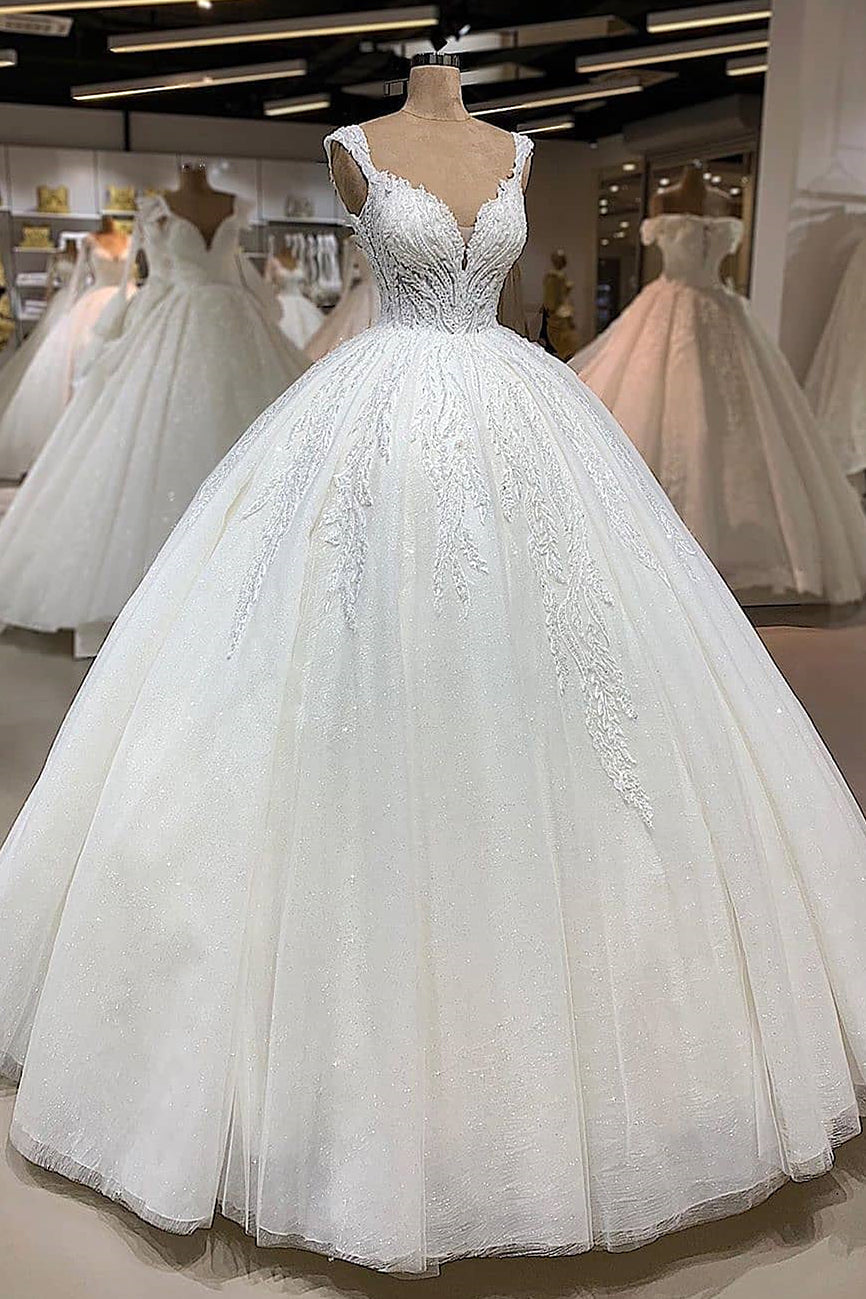 Ball Gown V-Neck Wide Strap Floor-Length Tulle Applique Wedding Dress