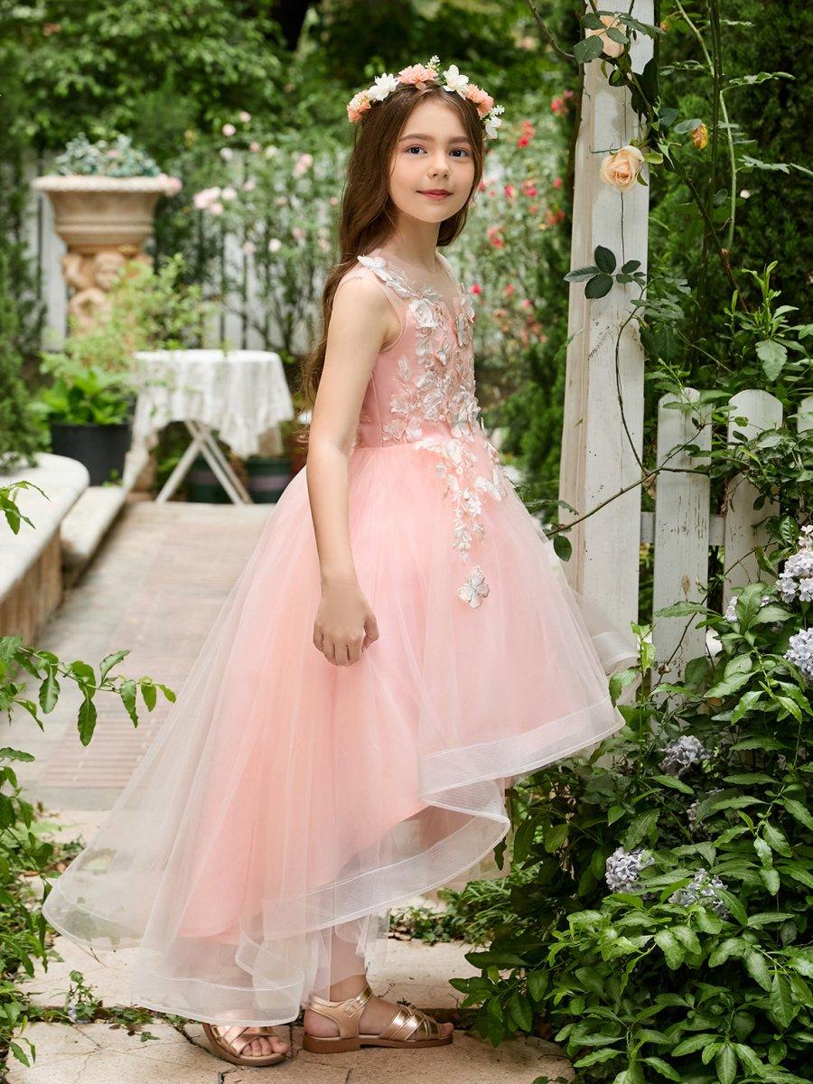 Ball-Gown/Princess Tulle Asymmetrical Pink Flower Girl Dress