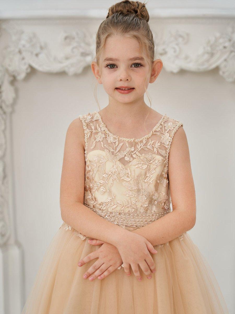 Ball-Gown/Princess Tulle Sweep Train Champagne Flower Girl Dress