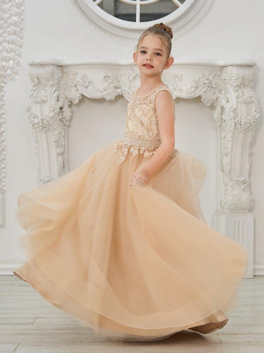Ball-Gown/Princess Tulle Sweep Train Champagne Flower Girl Dress - View 5 | VelvetHem