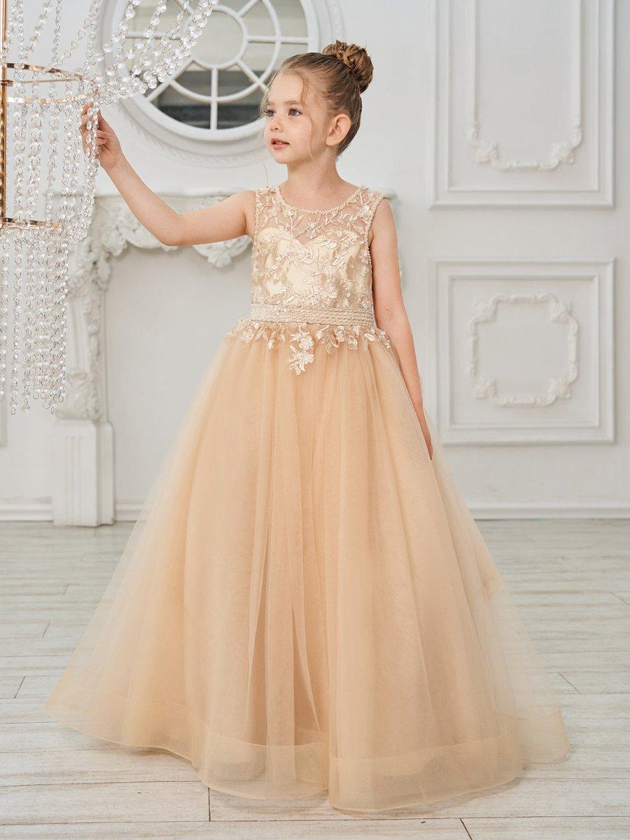 Ball-Gown/Princess Tulle Sweep Train Champagne Flower Girl Dress - VelvetHem