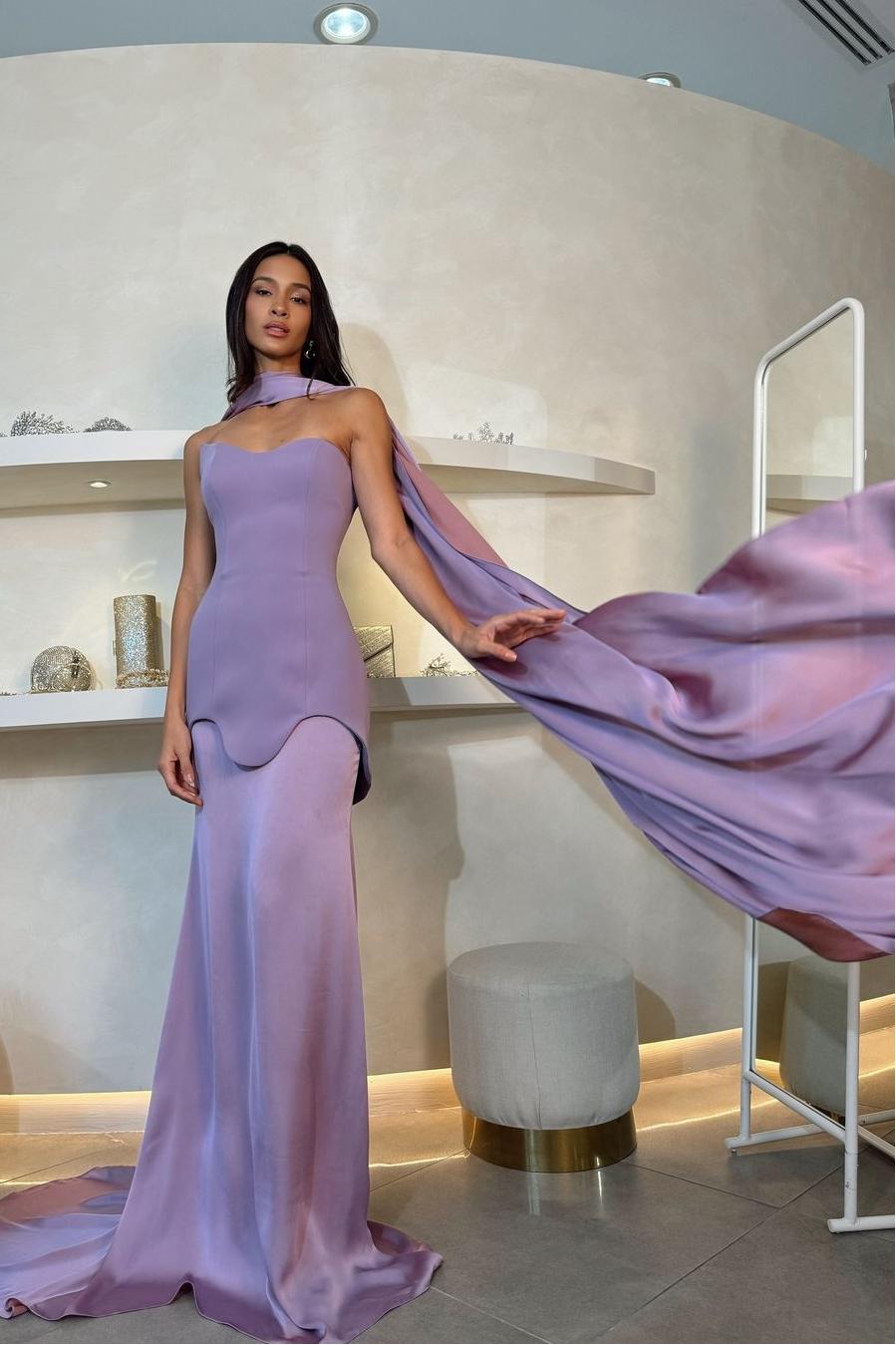 Ballbella Amazing Purple Satin Strapless Sleeveless Slim Long Prom Dress with Scarf