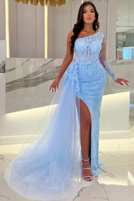Ballbella Column Long Slit Front Sky Blue Tulle One-Shoulder Long Sleeve Evening Dress with Lace