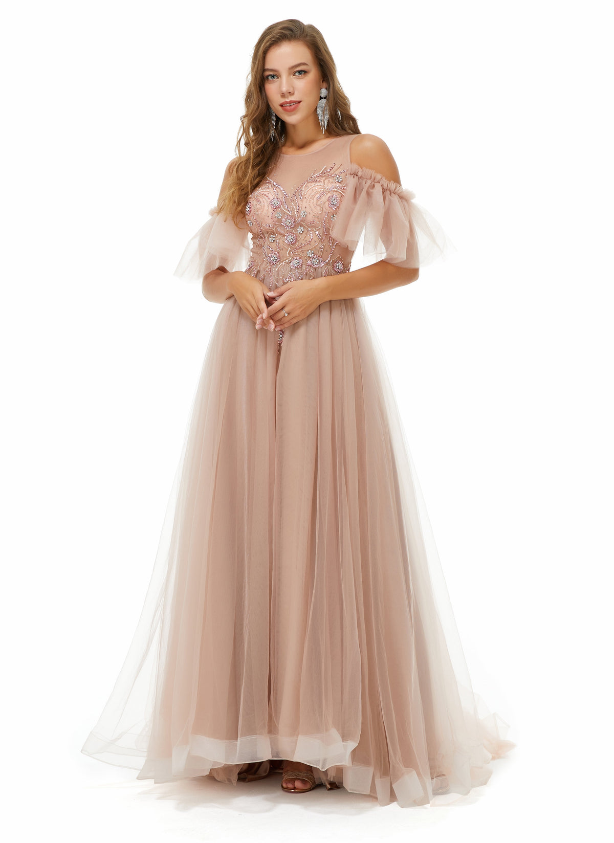 Ballbella Design | Sparkle Beaded Cool shoulder A-Line Beaded Prom Dresses