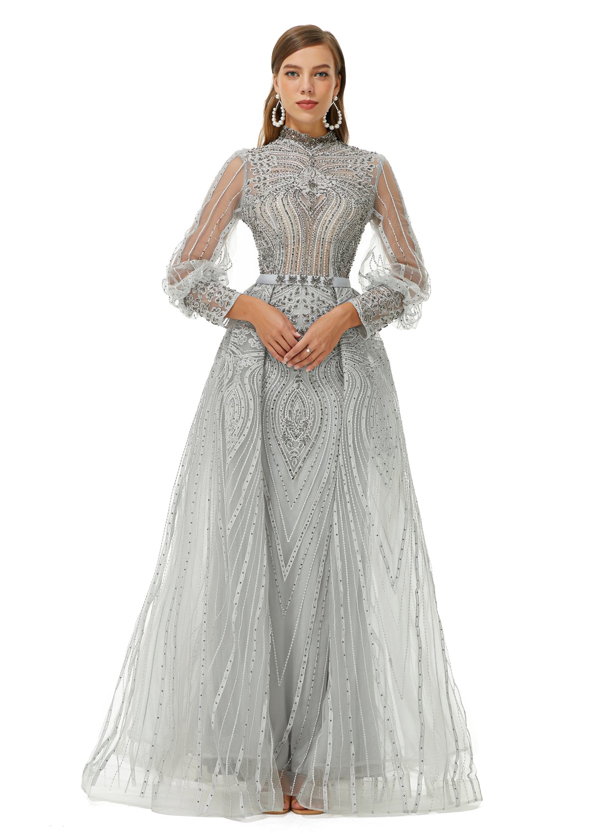 Ballbella Design | Sparkle Gray Beaded Mermaid Long sleeves Prom Dresses with Overskirt