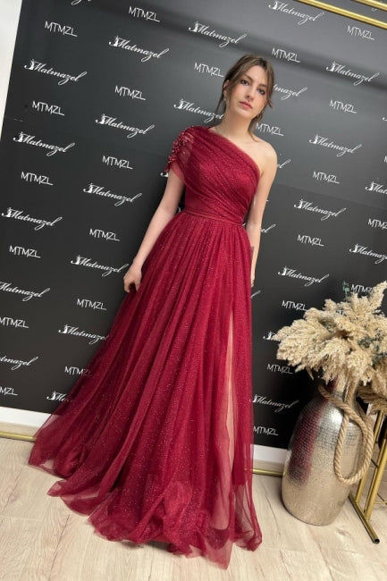 Ballbella Fabulous Burgundy One-Shoulder Sleeveless Prom Dress With Slit Long Glitter