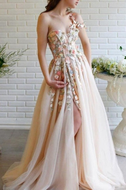 Ballbella Modern One-Shoulder Flowers Prom Dress With Slit Long